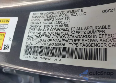 2021 Honda Accord Lx from USA, damaged, VIN 1HGCV1F12MA105886